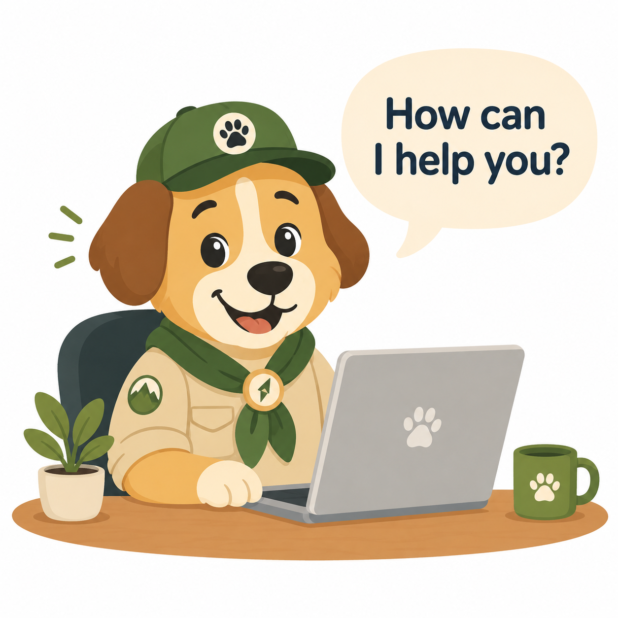 Scout Built mascot — a friendly dog at a laptop
